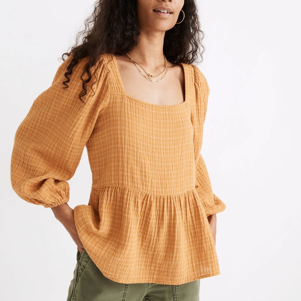 Madewell Top Lightspun Millbrook Puff-Sleeve Peplum Windowpane Square Neck‎